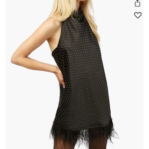 Weworewhat FEATHER HALTER SATIN CHARMEUSE RHINESTONE MINI DRESS